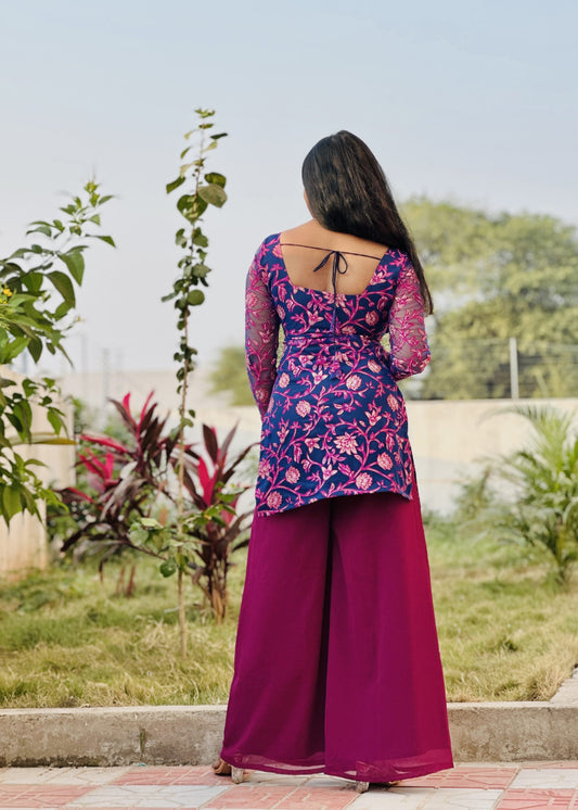 Neela purple kurta palazzo set in Georgette Net – Kurta Set by Dharvi by Rachana (view 2)