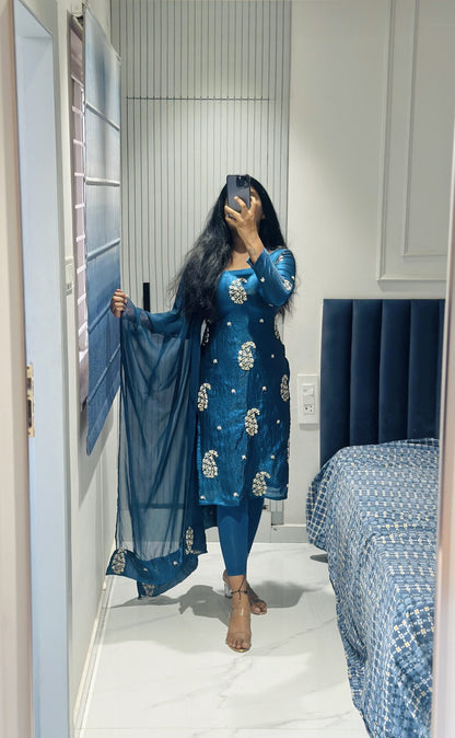 Dark Teal blue viscose tissue kurta