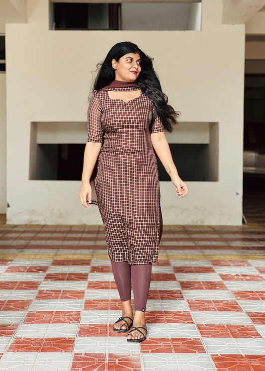 Mocha brown checks kurti set in Georgette – Kurta Set by Dharvi by Rachana