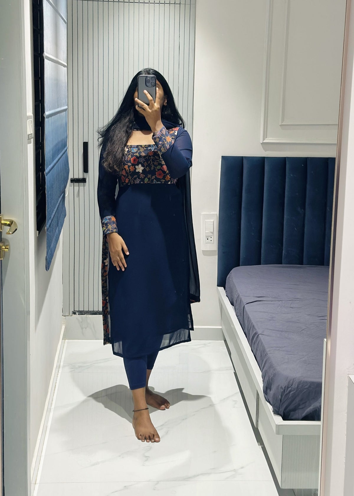 Navy blue yoke design kurti in Chiffon – Kurta Set by Dharvi by Rachana (view 2)