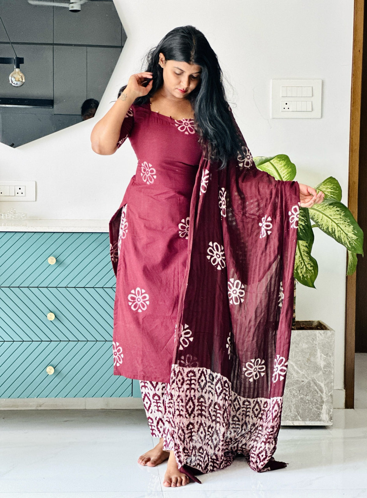 Brown batik cotton set in Cotton – Kurta Set by Dharvi by Rachana