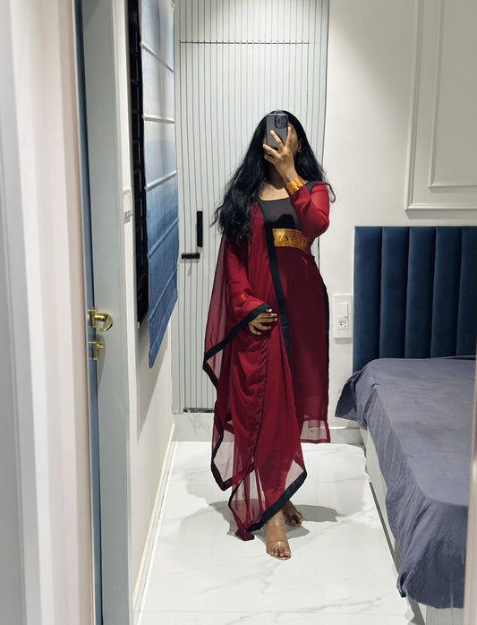 Maroon yoke design kurta in Chiffon – Kurta Set by Dharvi by Rachana