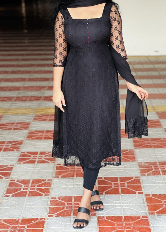 Black Soft Net lace kurti set in Lace – Kurta Set by Dharvi by Rachana (view 2)