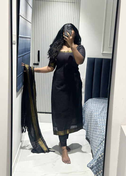 Black mangalagiri kurti set in Cotton – Kurta Set by Dharvi by Rachana