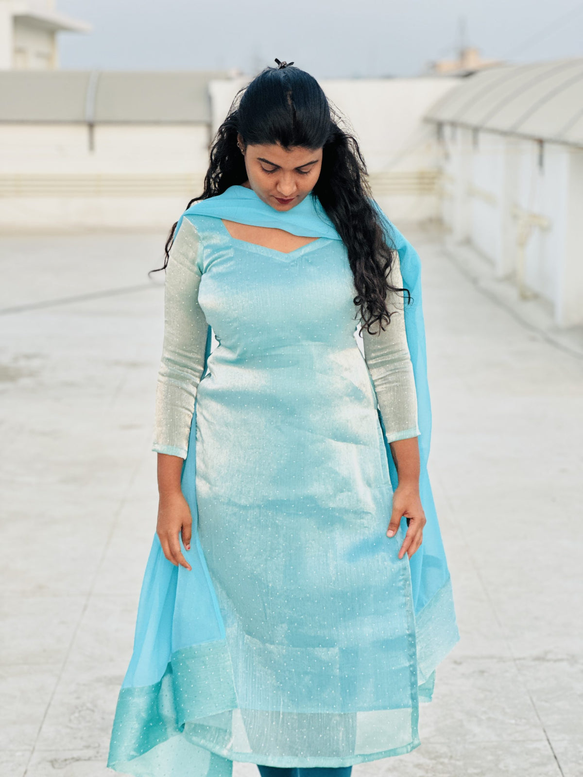 Light blue viscose tissue kurti in Viscose Tissue – Kurta Set by Dharvi by Rachana (view 3)