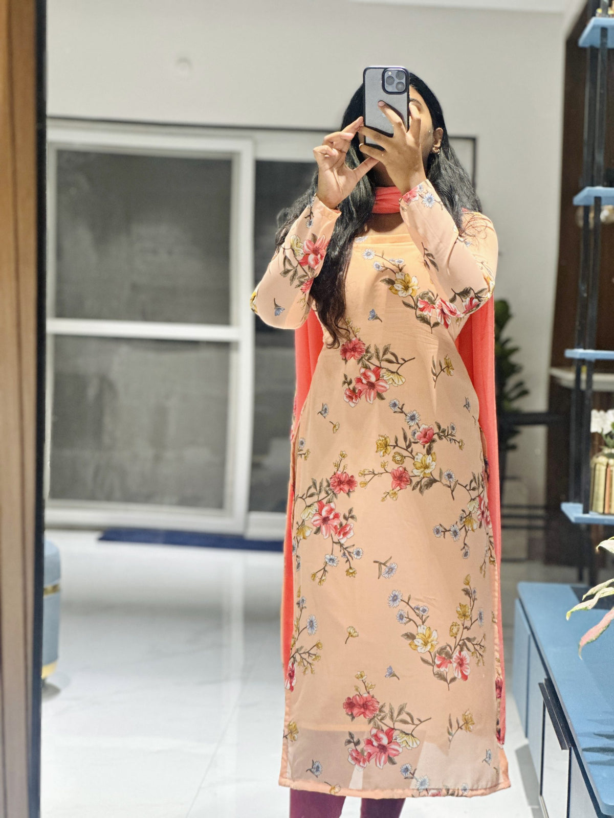 Peach floral chiffon set in Chiffon – Kurta Set by Dharvi by Rachana