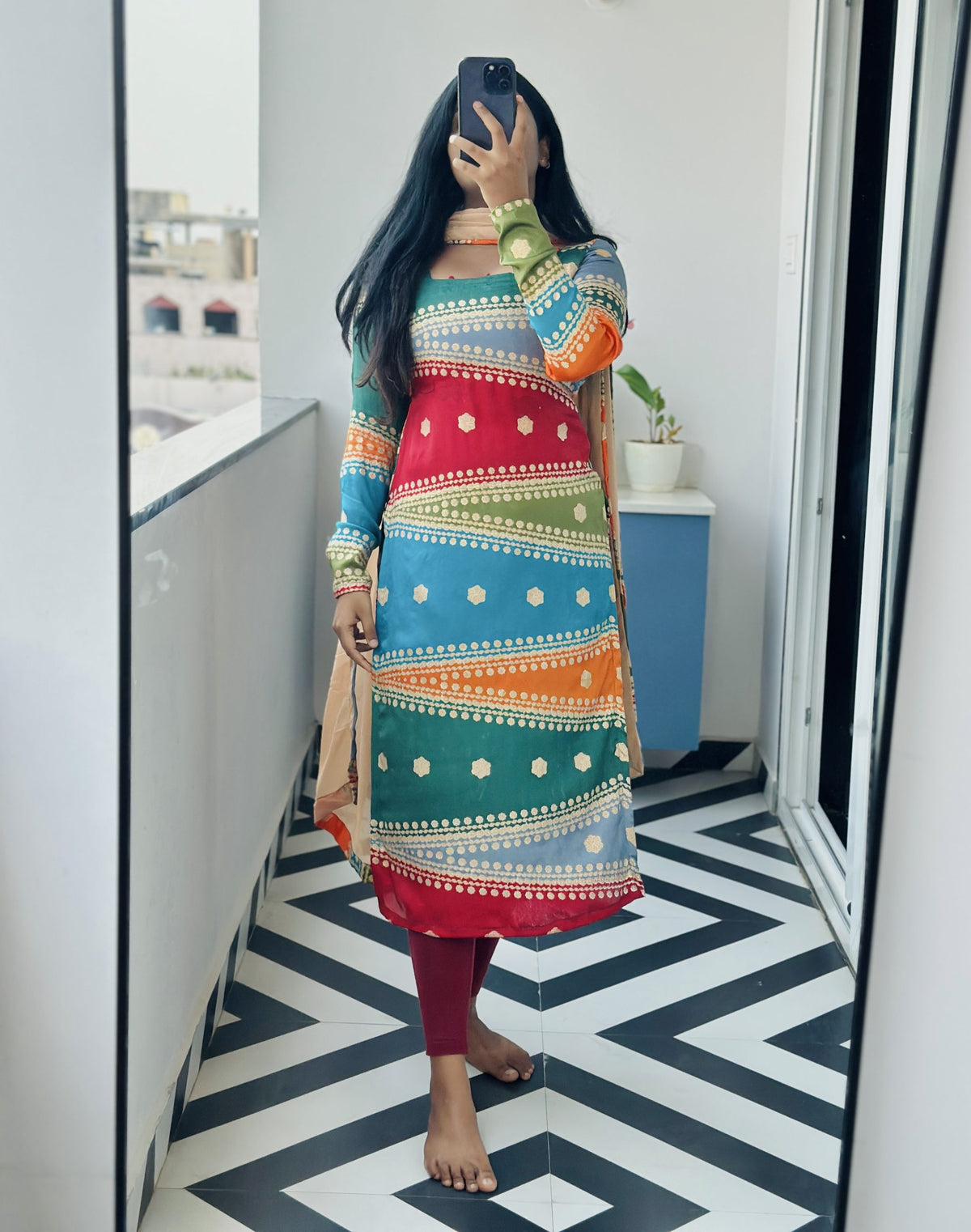Aadhya chinon multi-coloured kurti set in Chinon – Kurta Set by Dharvi by Rachana