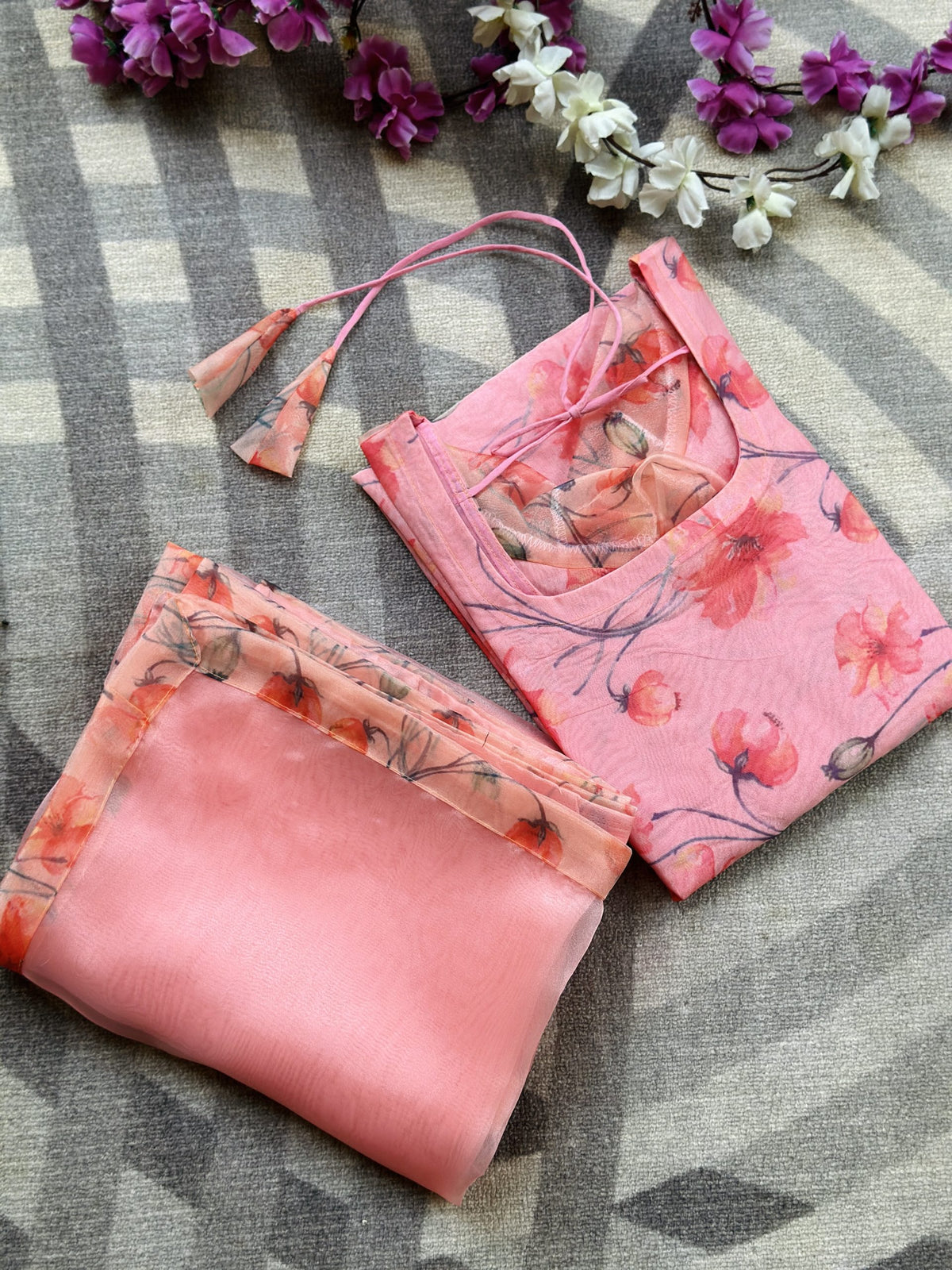 Peach floral organza set in Organza – Kurta Set by Dharvi by Rachana (view 2)