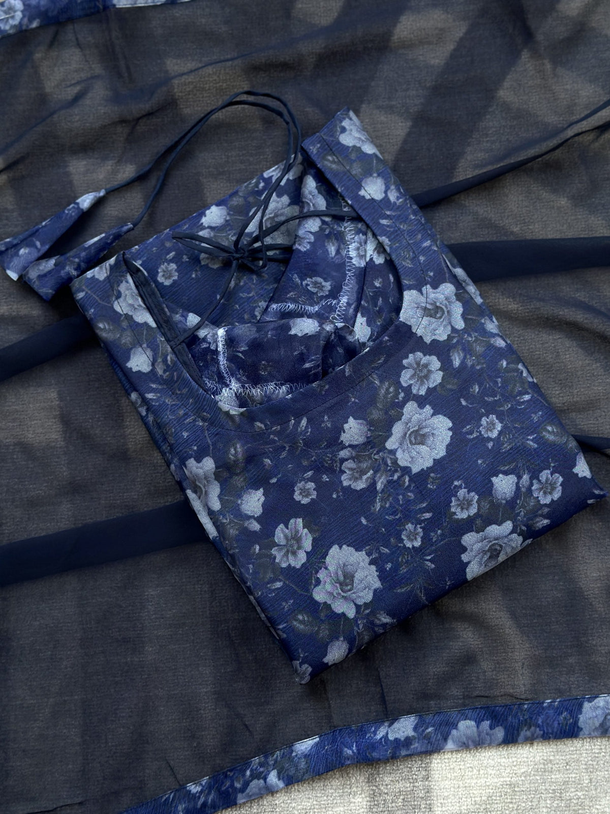 Dark blue floral organza kurti in Organza – Kurta Set by Dharvi by Rachana