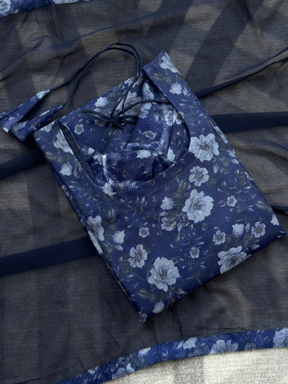 Dark blue floral organza kurti