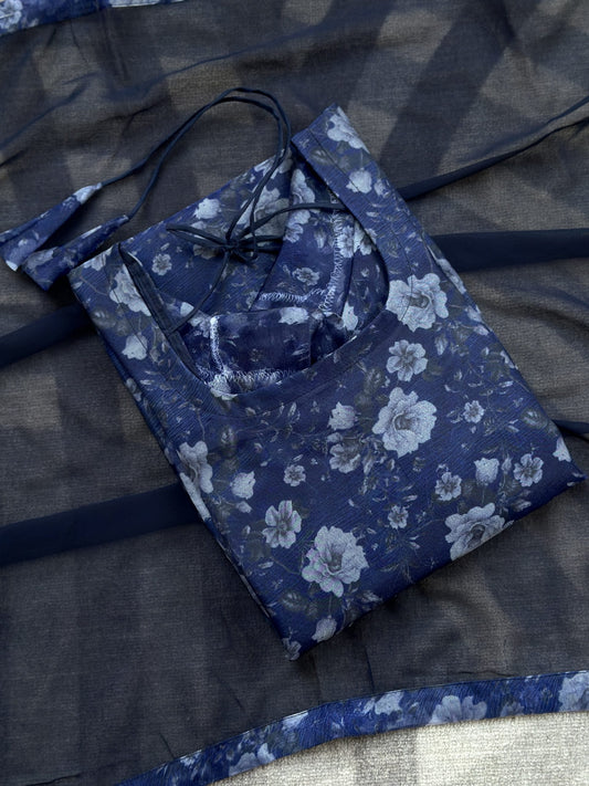 Dark blue floral organza kurti in Organza – Kurta Set by Dharvi by Rachana