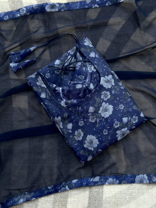 Dark blue floral organza kurti in Organza – Kurta Set by Dharvi by Rachana (view 2)