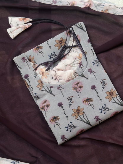 Brown floral organza kurti with dupatta