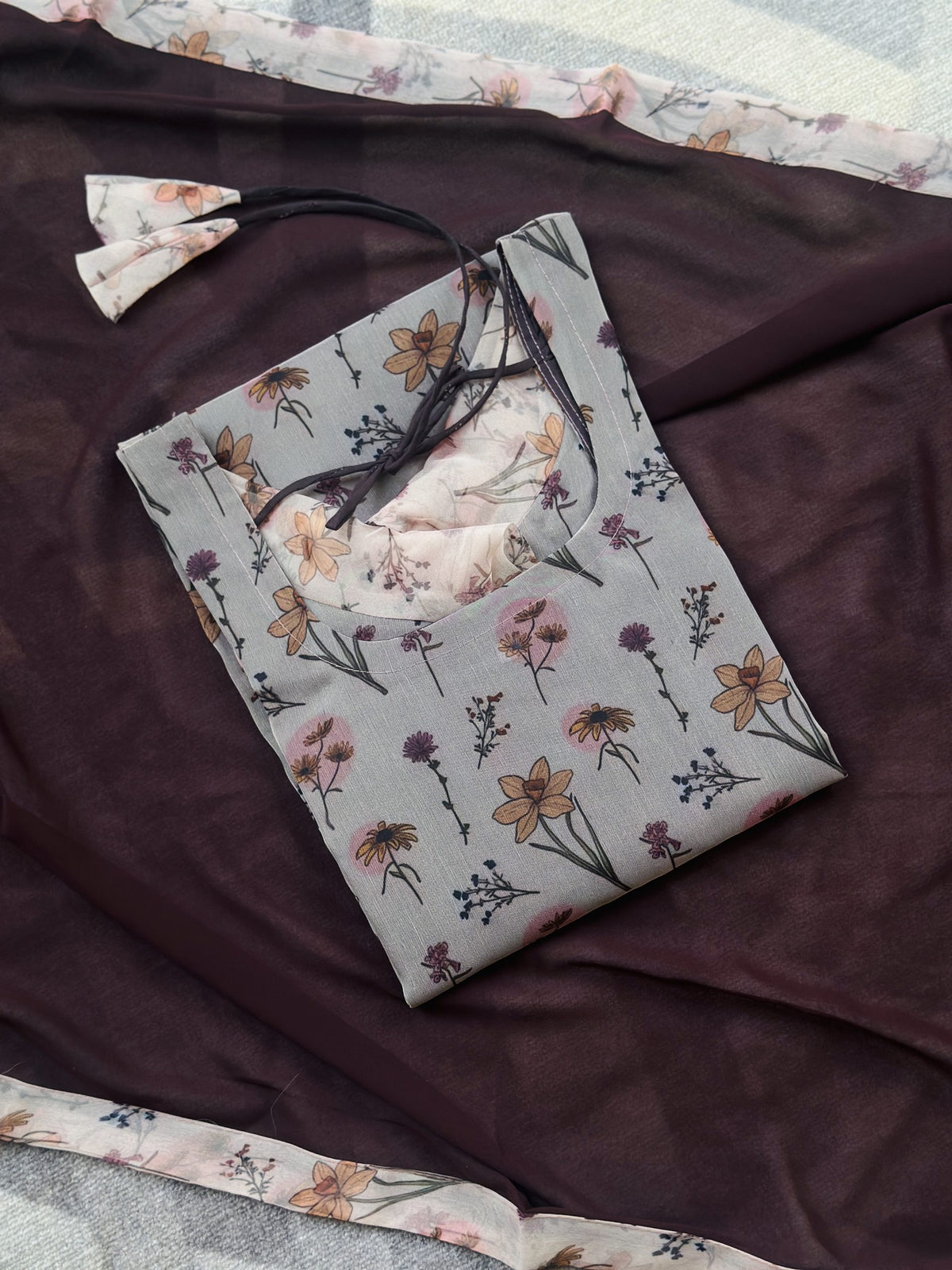 Brown floral organza kurti with dupatta in Organza – Kurta Set by Dharvi by Rachana