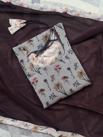 Brown floral organza kurti with dupatta