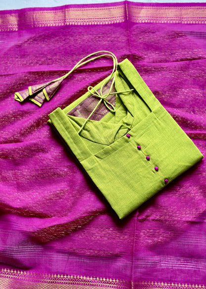 Lime green & magenta mangalagiri cotton suit set