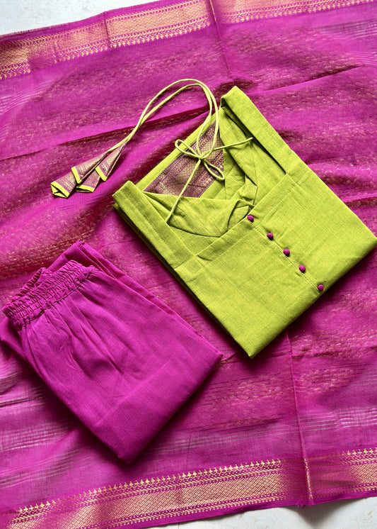 Lime green & magenta mangalagiri cotton suit set in Cotton – Kurta Set by Dharvi by Rachana