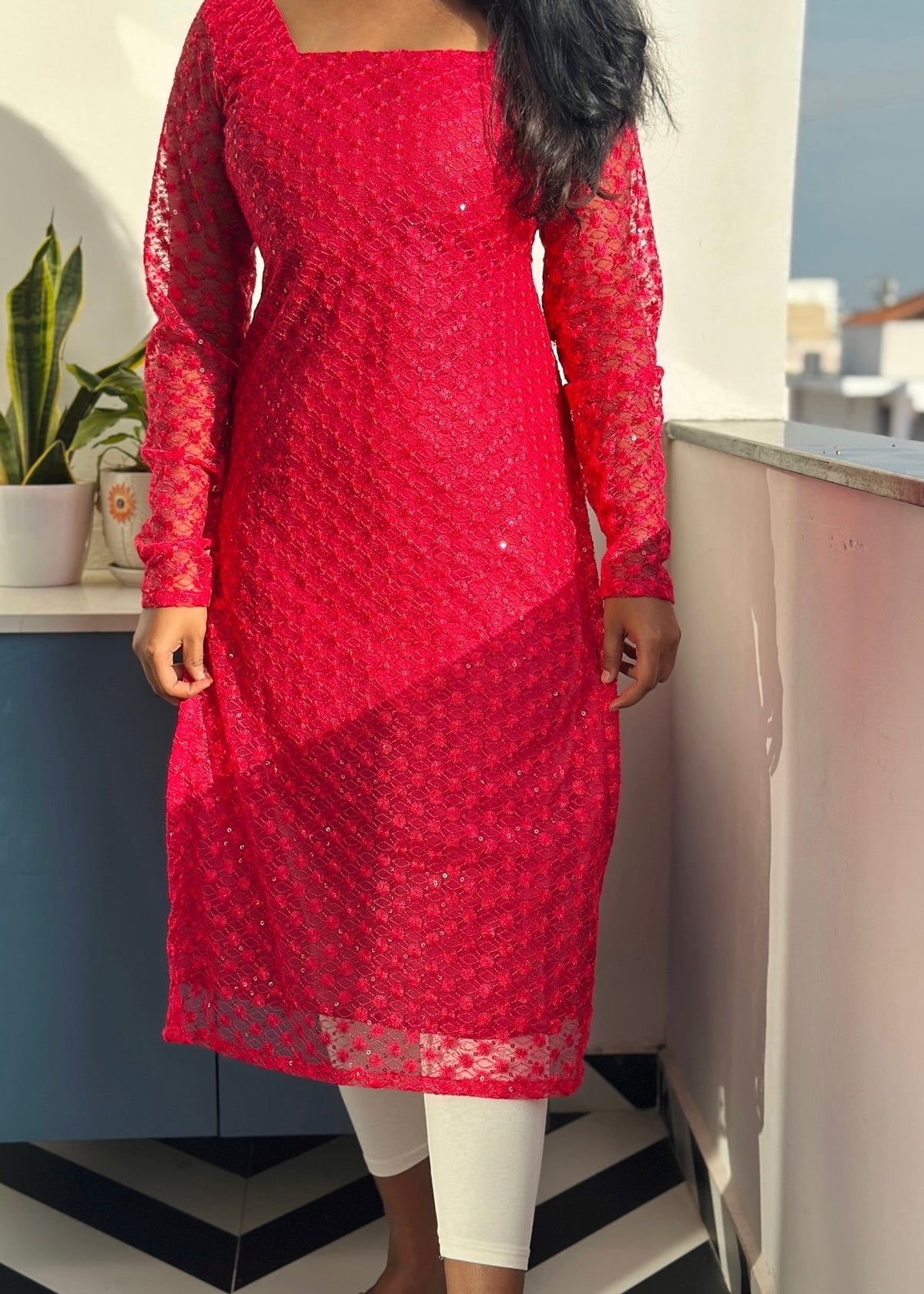 Crimson sequins embroidered kurti in Georgette Net – Kurta Set by Dharvi by Rachana