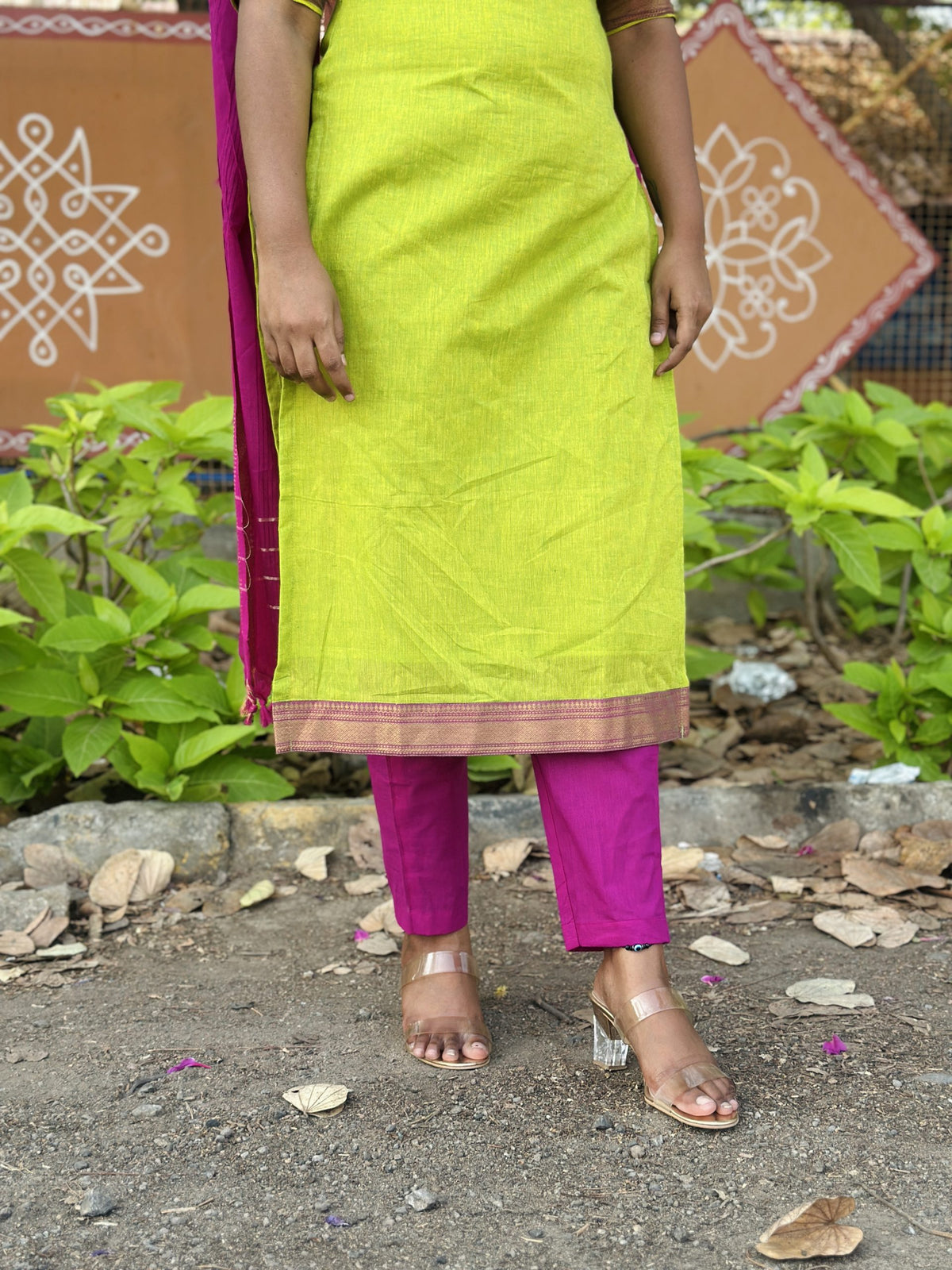 Lime green & magenta mangalagiri cotton suit set in Cotton – Kurta Set by Dharvi by Rachana