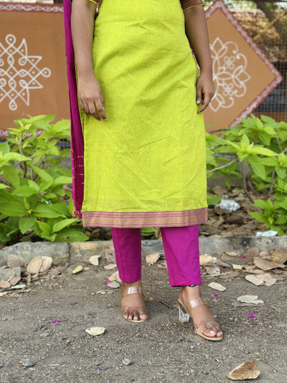 Lime green & magenta mangalagiri cotton suit set