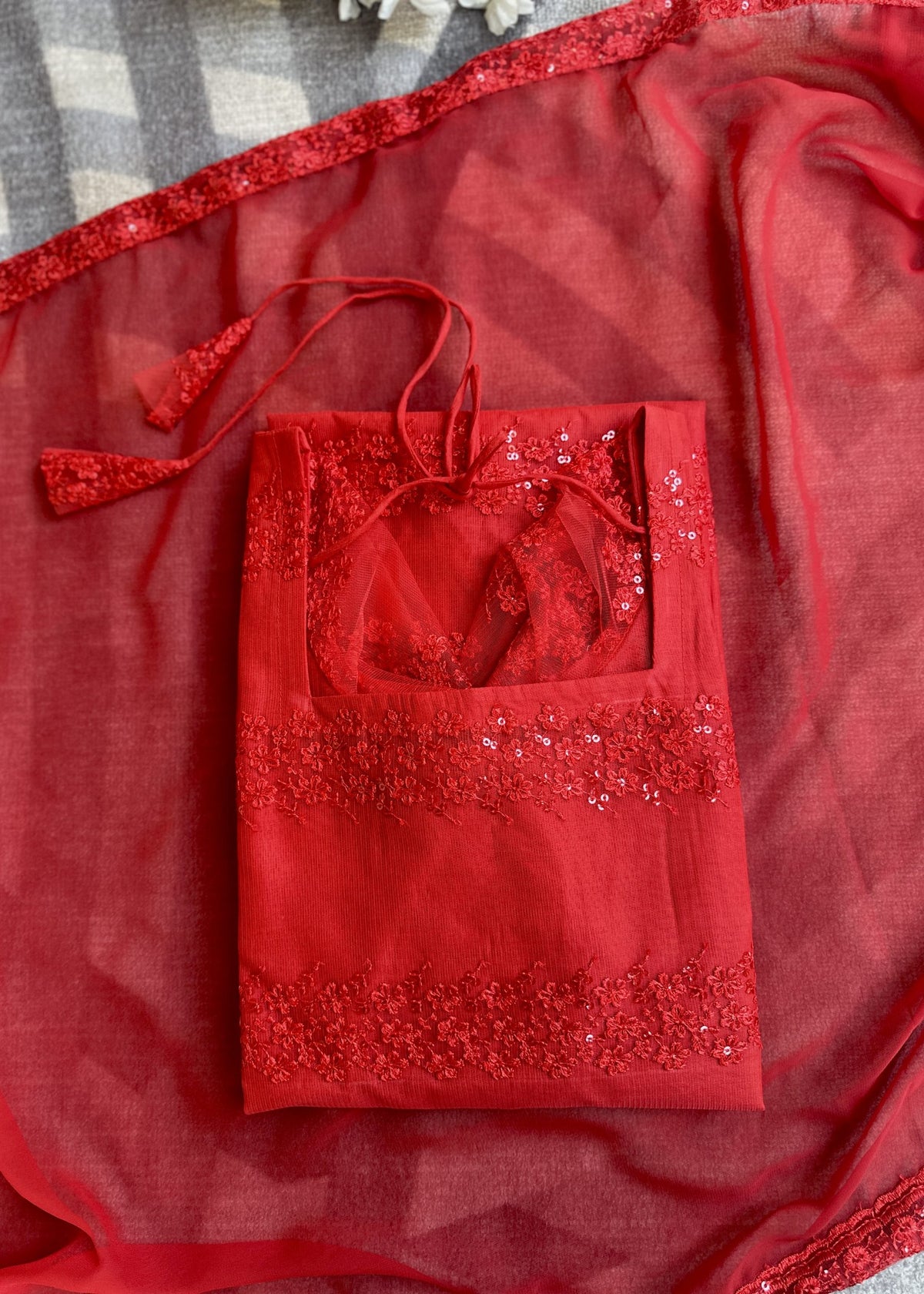 Cherry red sequins embroidered kurti set in Georgette Net – Kurta Set by Dharvi by Rachana