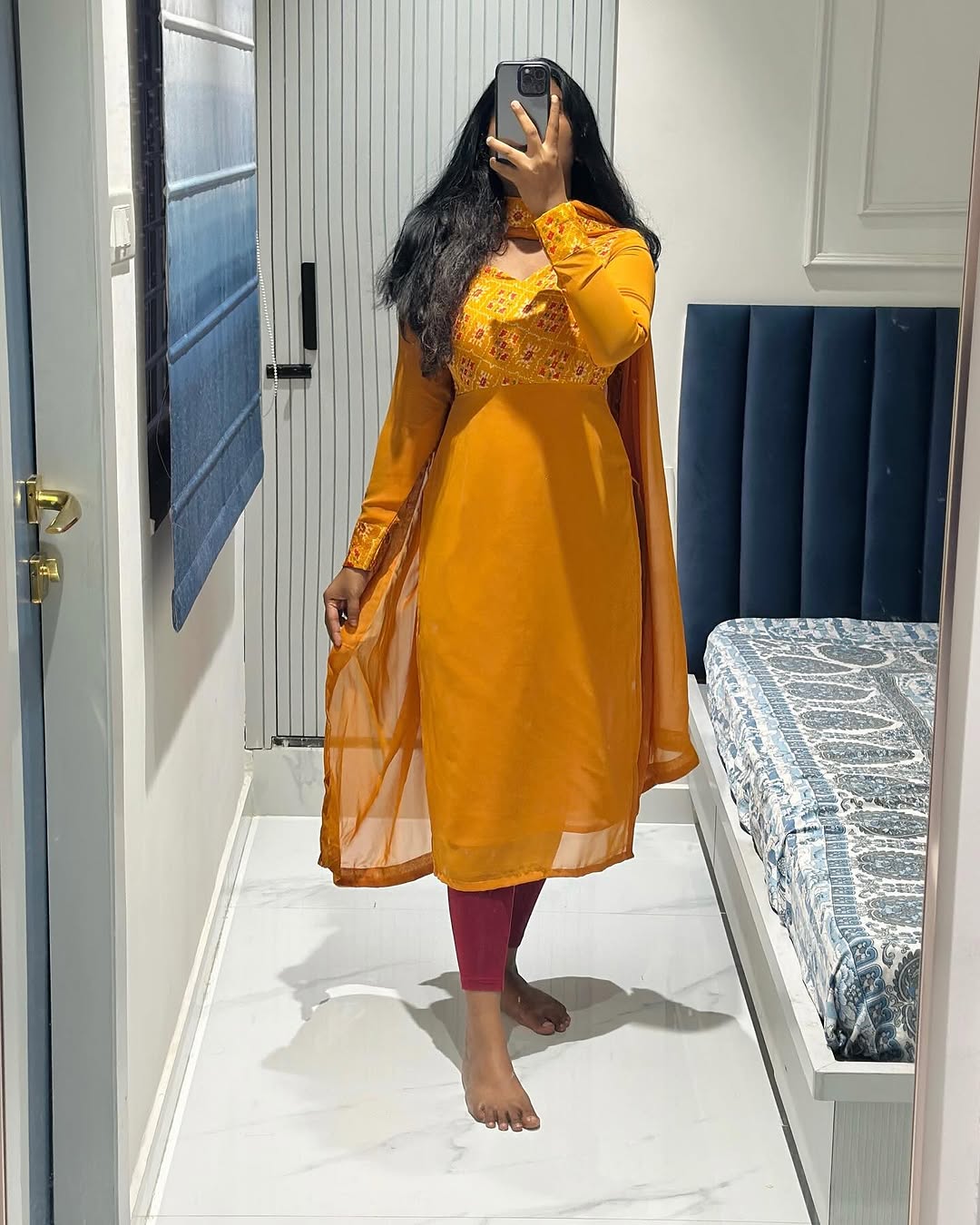 Mustard yellow yoke design kurti in Chiffon – Kurta Set by Dharvi by Rachana