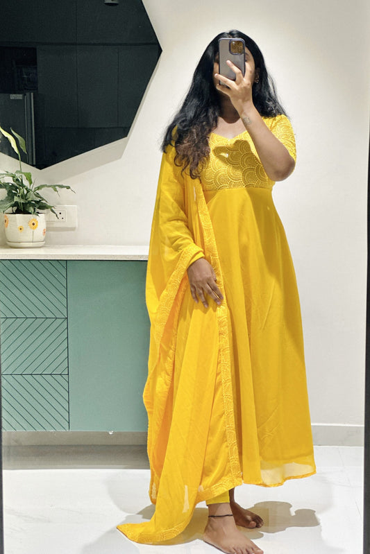 Bright yellow sequins Anarkali set in Georgette – Anarkali Set by Dharvi by Rachana