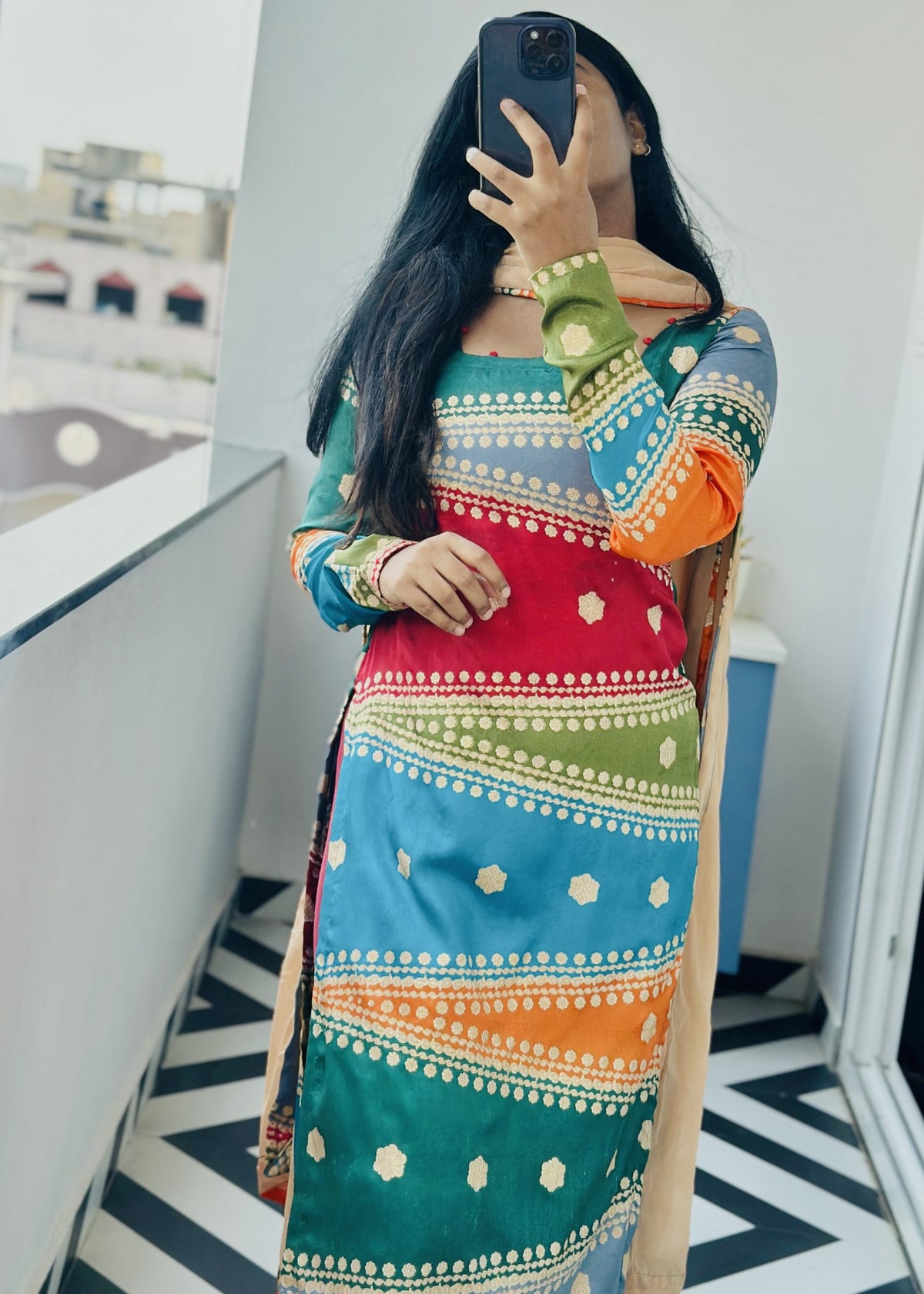 Aadhya chinon multi-coloured kurti set in Chinon – Kurta Set by Dharvi by Rachana