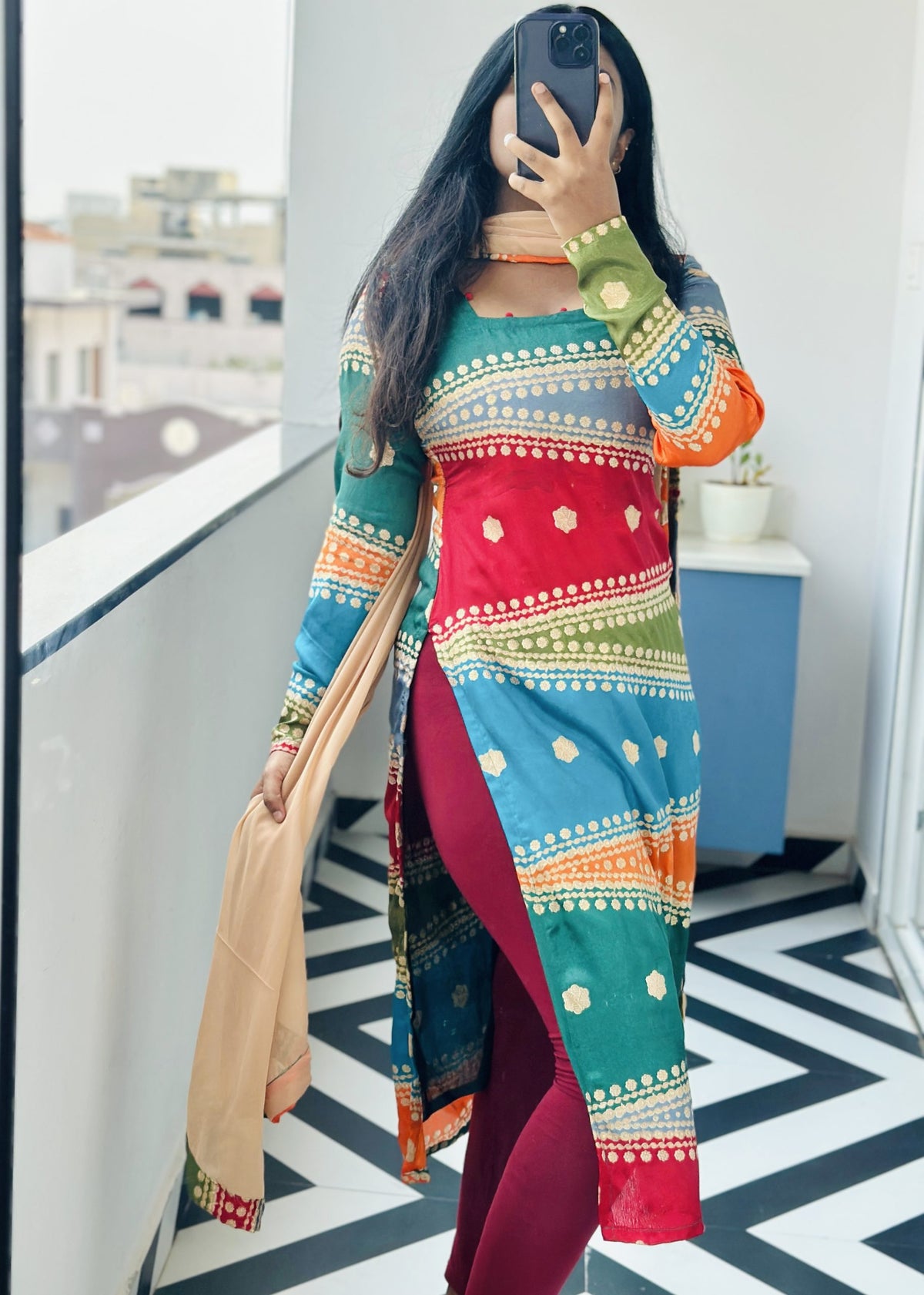Aadhya chinon multi-coloured kurti set in Chinon – Kurta Set by Dharvi by Rachana