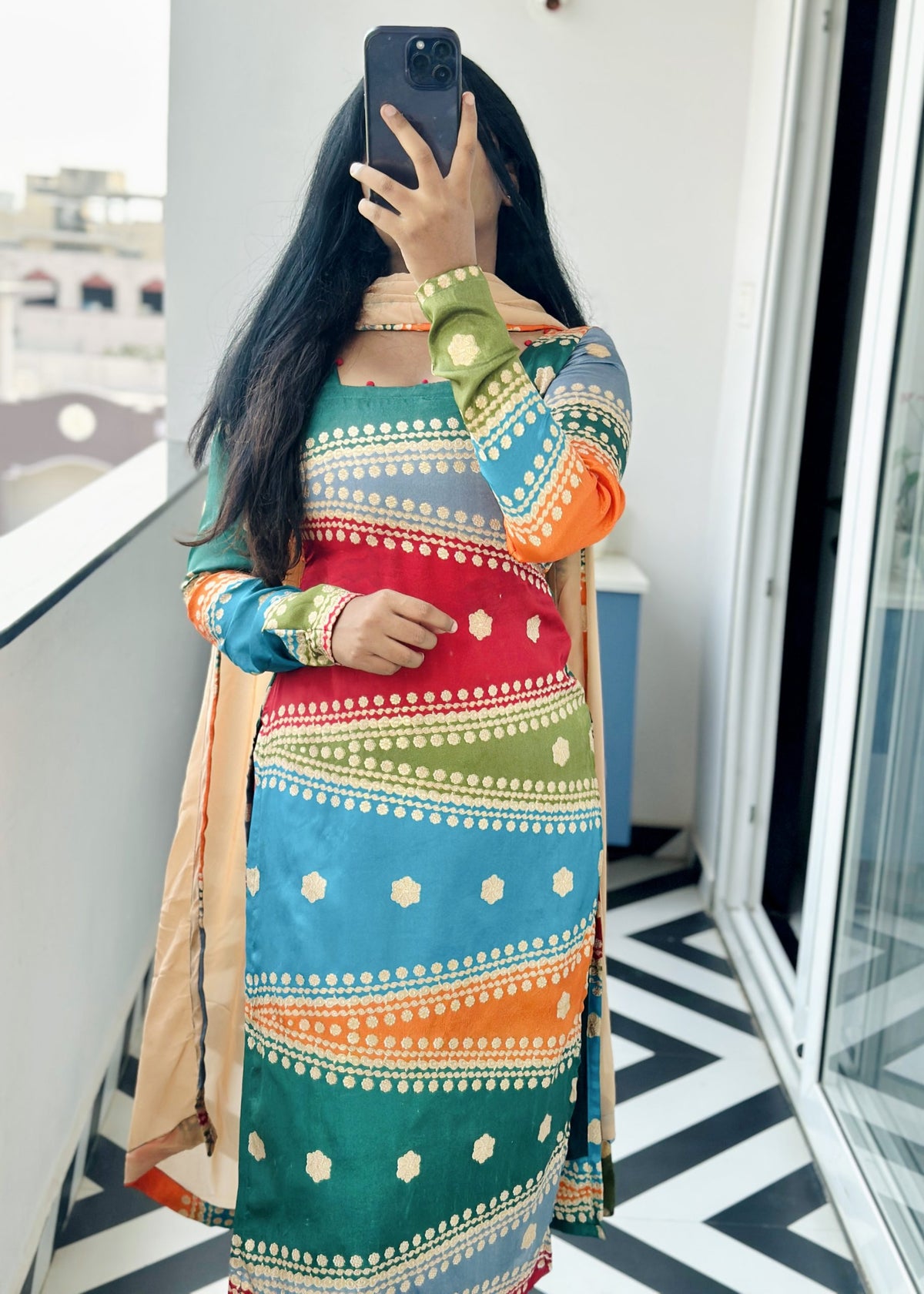 Aadhya chinon multi-coloured kurti set in Chinon – Kurta Set by Dharvi by Rachana