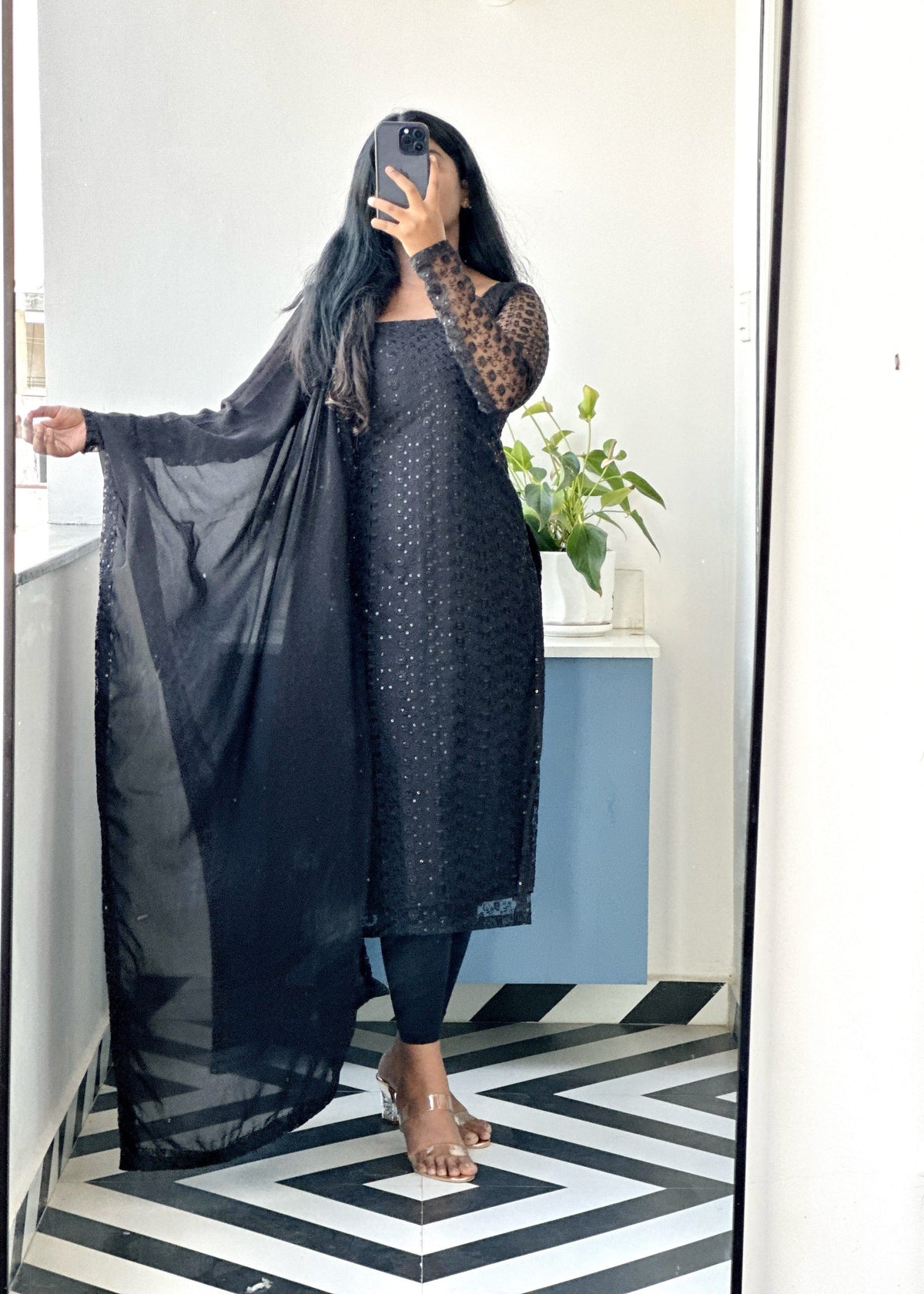 Black sequins embroidered kurti set in Georgette Net – Kurta Set by Dharvi by Rachana (view 3)