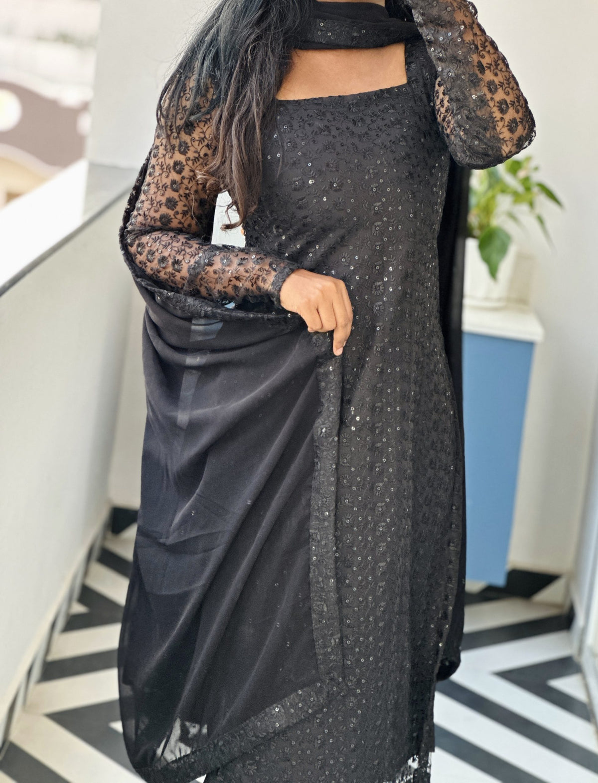 Black sequins embroidered kurti set in Georgette Net – Kurta Set by Dharvi by Rachana