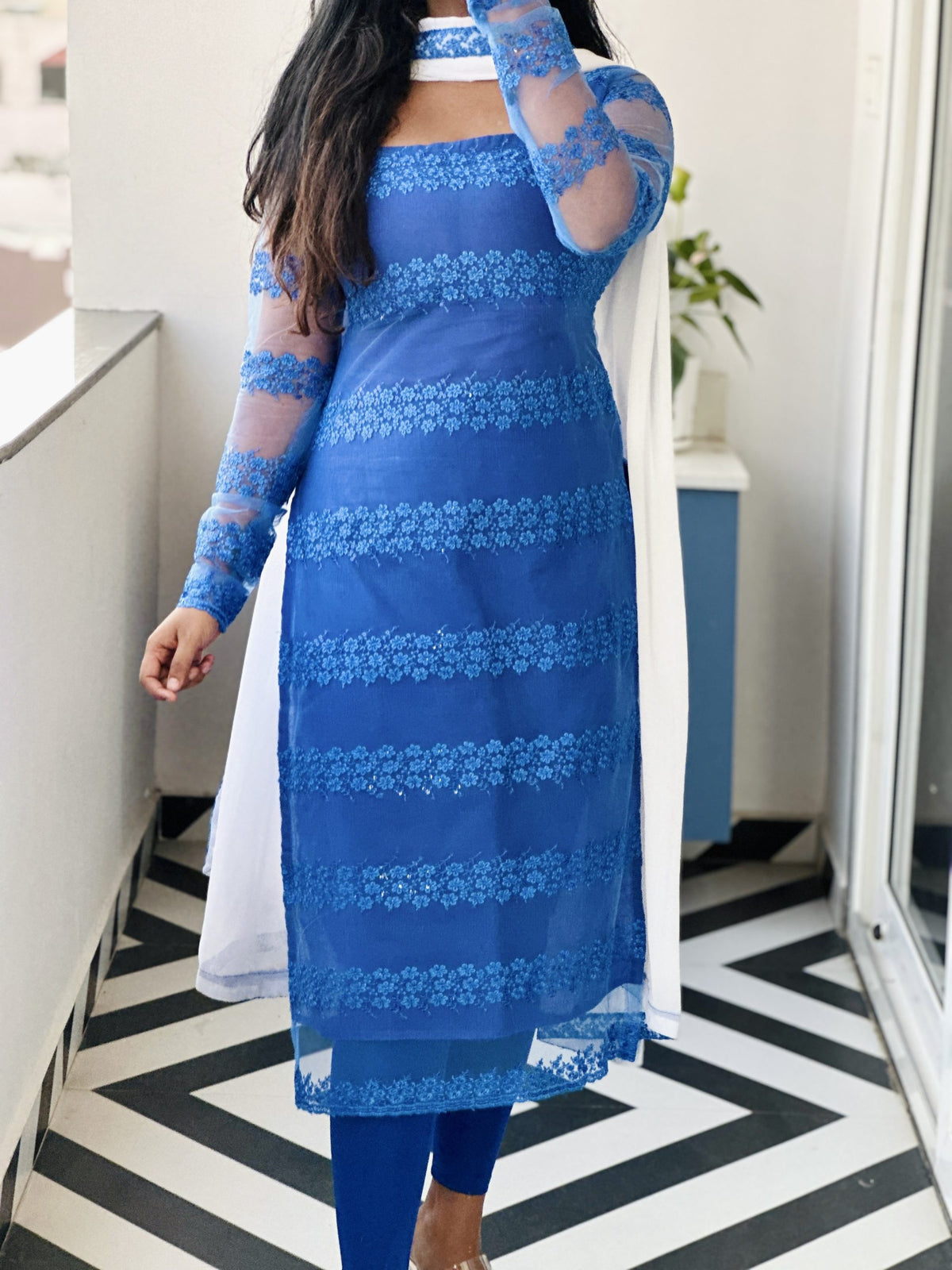 Royal blue sequins embroidered kurti set in Georgette Net – Kurta Set by Dharvi by Rachana