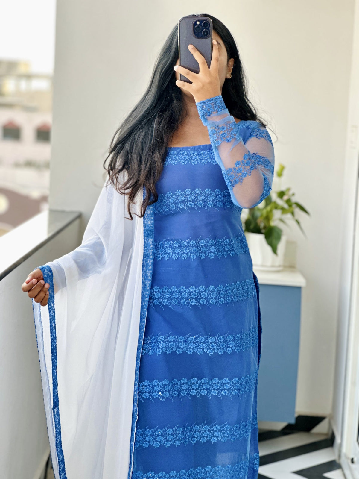 Royal blue sequins embroidered kurti set in Georgette Net – Kurta Set by Dharvi by Rachana (view 4)