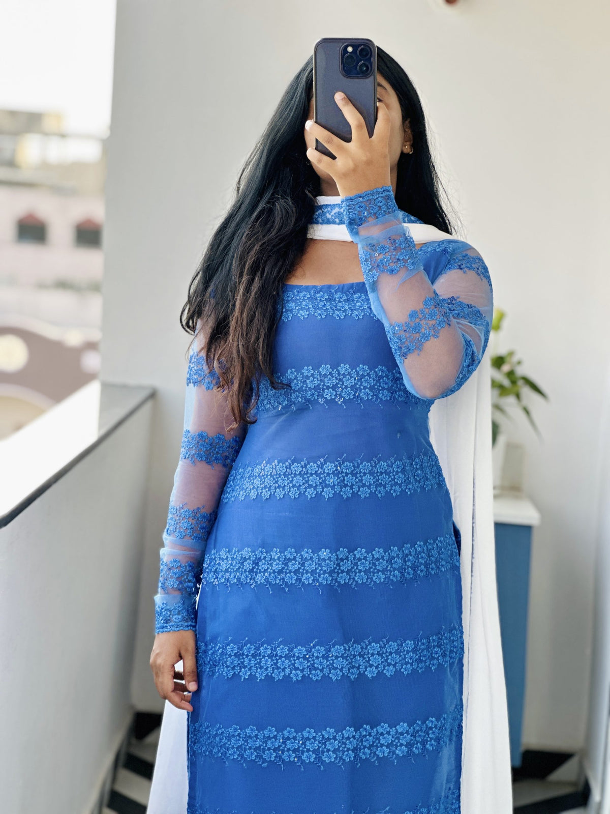 Royal blue sequins embroidered kurti set in Georgette Net – Kurta Set by Dharvi by Rachana (view 5)