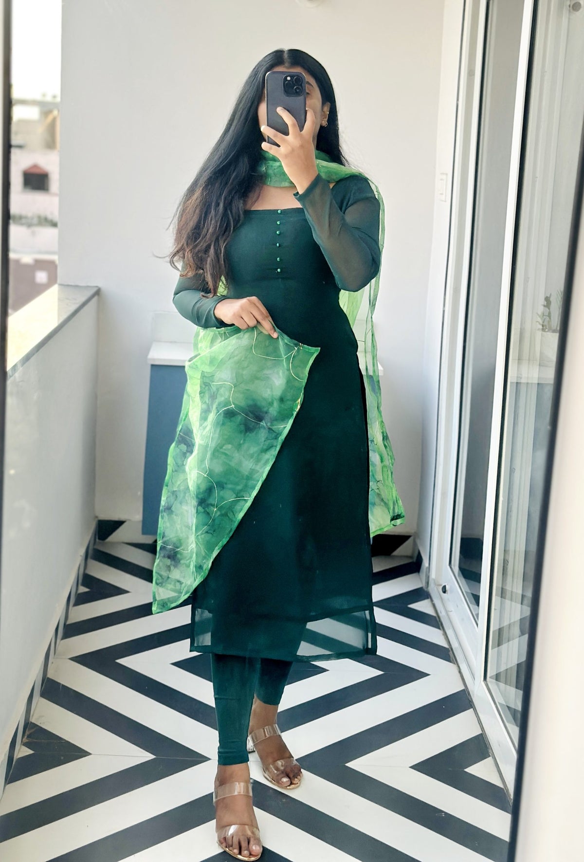 Bottle green kurti  with crystal organza dupatta in Soft Georgette – Kurta Set by Dharvi by Rachana