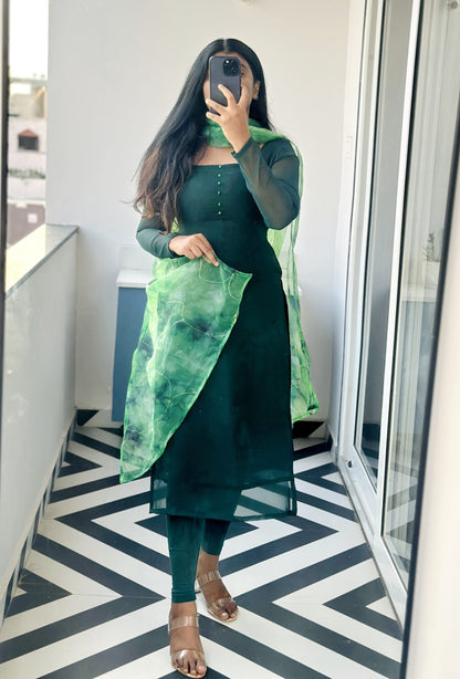 Bottle green kurti  with crystal organza dupatta