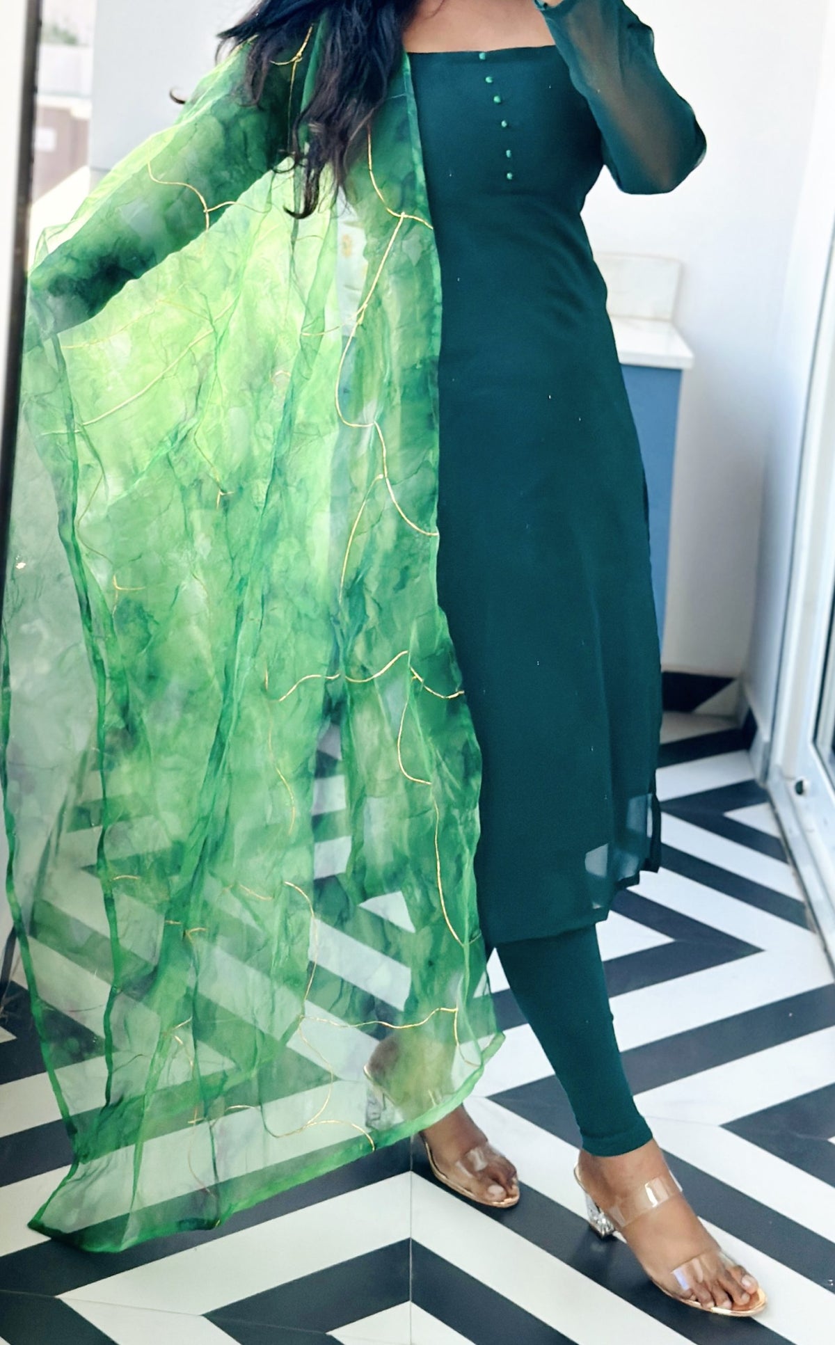 Bottle green kurti  with crystal organza dupatta in Soft Georgette – Kurta Set by Dharvi by Rachana