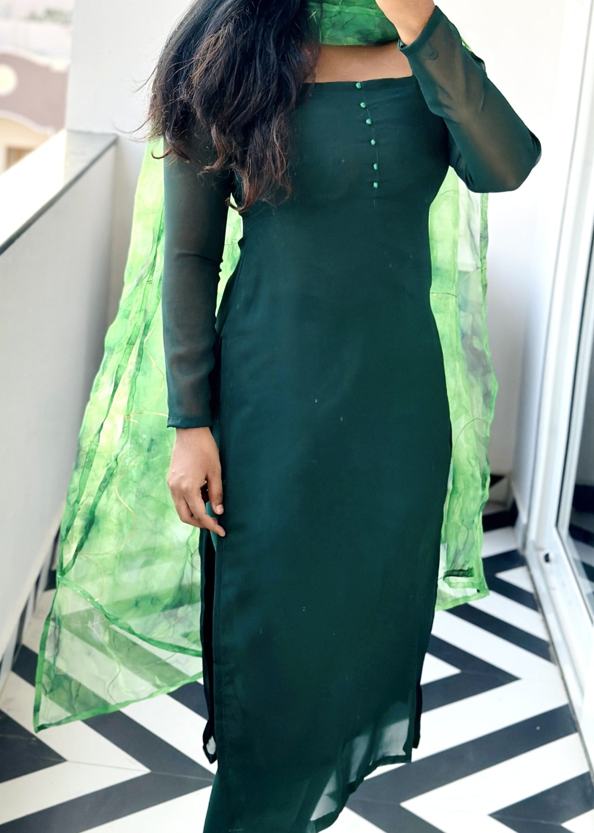 Bottle green kurti  with crystal organza dupatta in Soft Georgette – Kurta Set by Dharvi by Rachana
