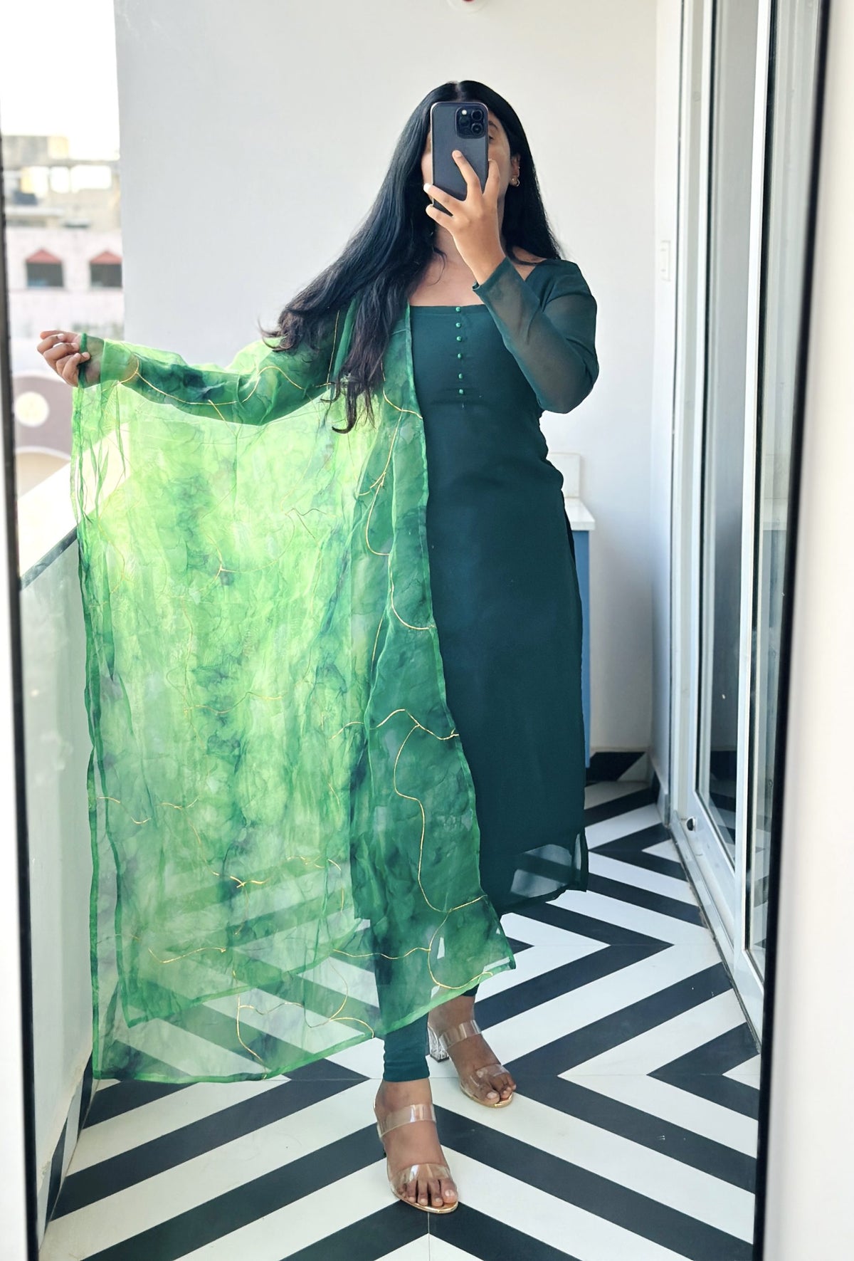 Bottle green kurti  with crystal organza dupatta in Soft Georgette – Kurta Set by Dharvi by Rachana (view 4)