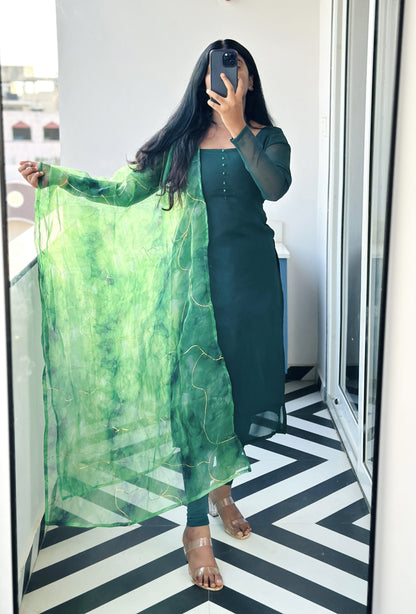 Bottle green kurti  with crystal organza dupatta