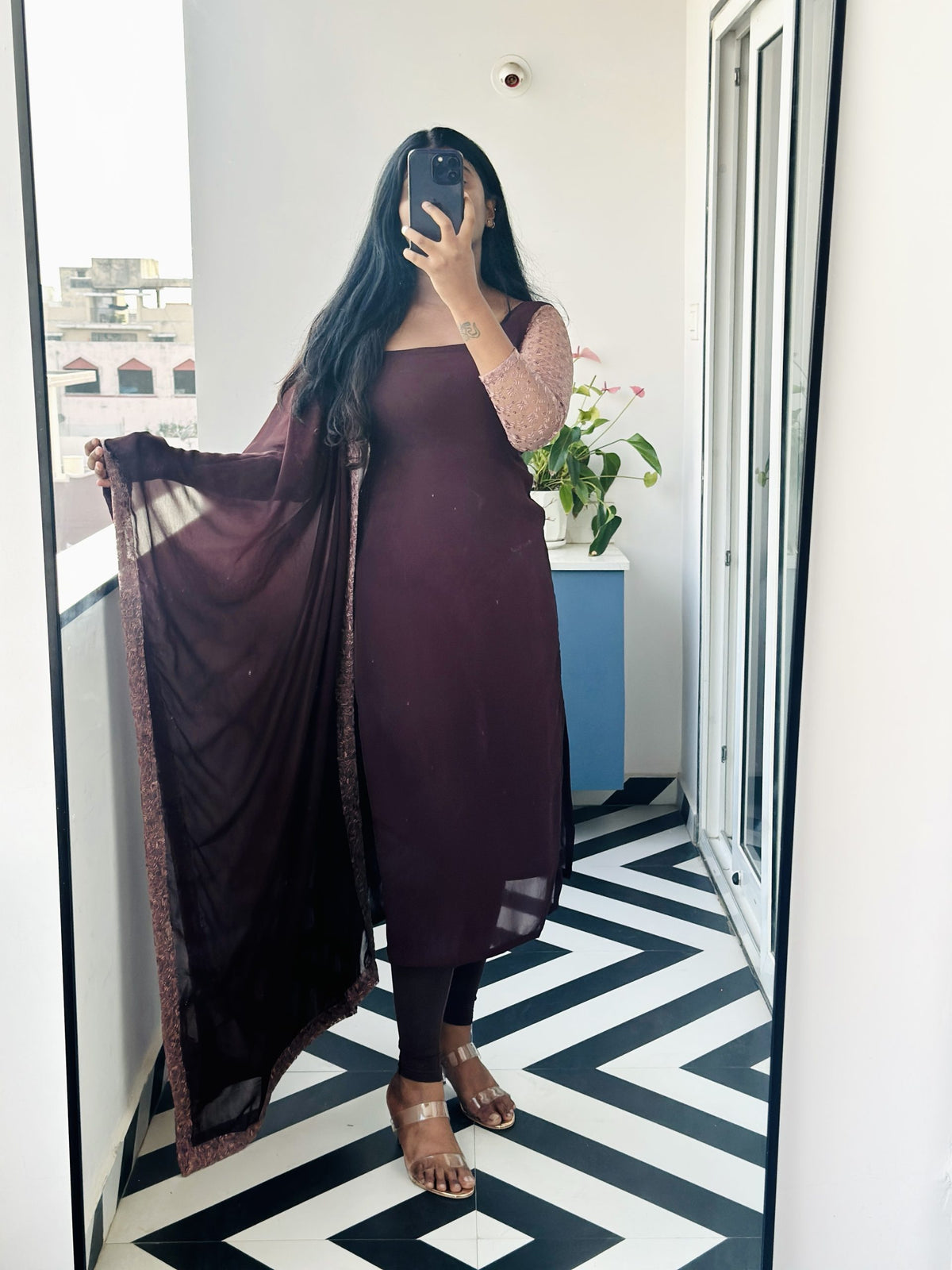 Coffee brown chiffon set in Chiffon – Kurta Set by Dharvi by Rachana