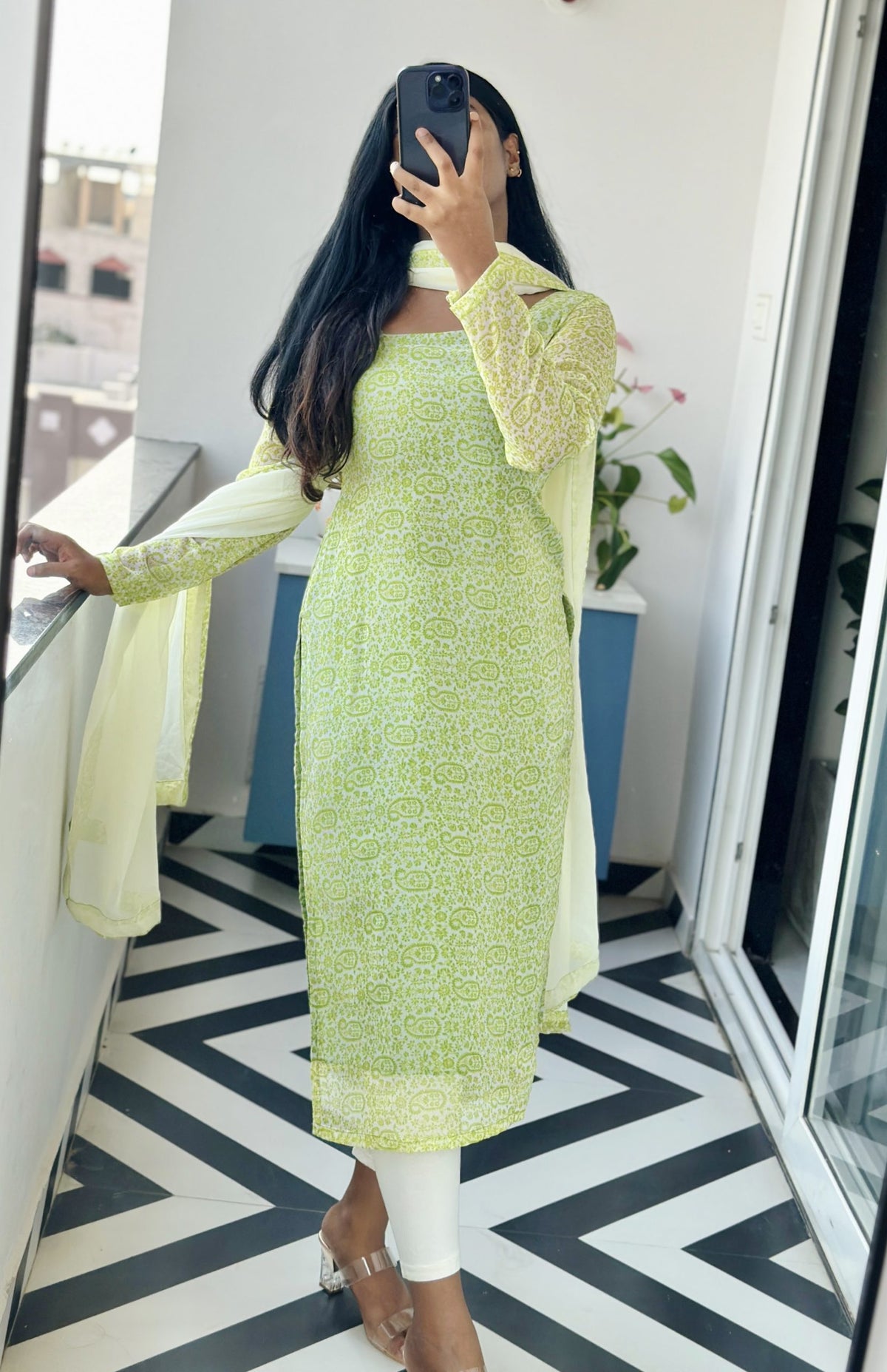 Lime green chiffon set in Chiffon – Kurta Set by Dharvi by Rachana