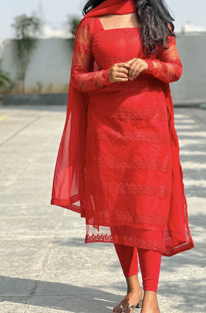 Cherry red sequins embroidered kurti set
