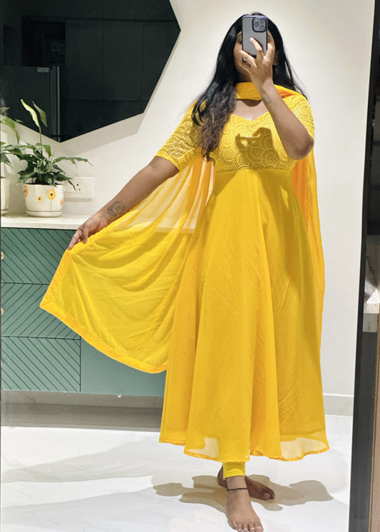 Bright yellow sequins Anarkali set in Georgette – Anarkali Set by Dharvi by Rachana (view 2)