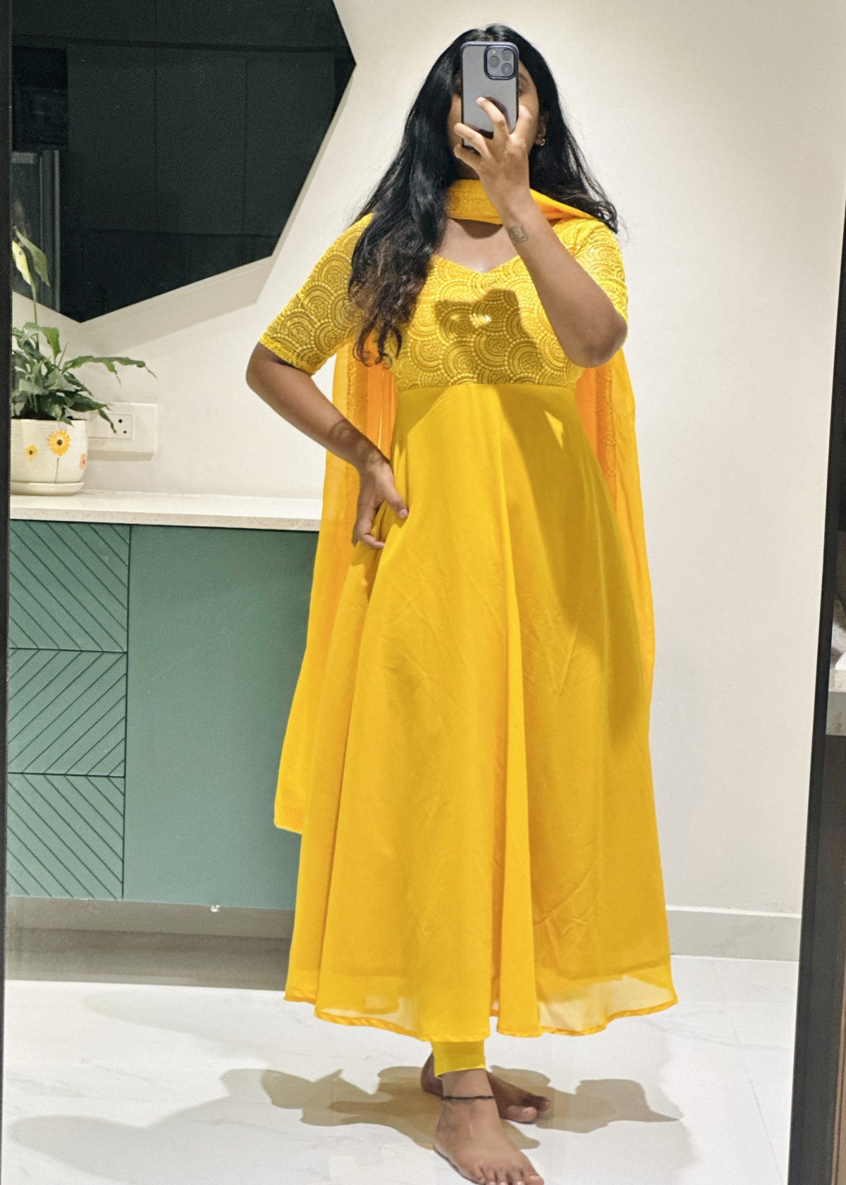 Bright yellow sequins Anarkali set in Georgette – Anarkali Set by Dharvi by Rachana (view 3)